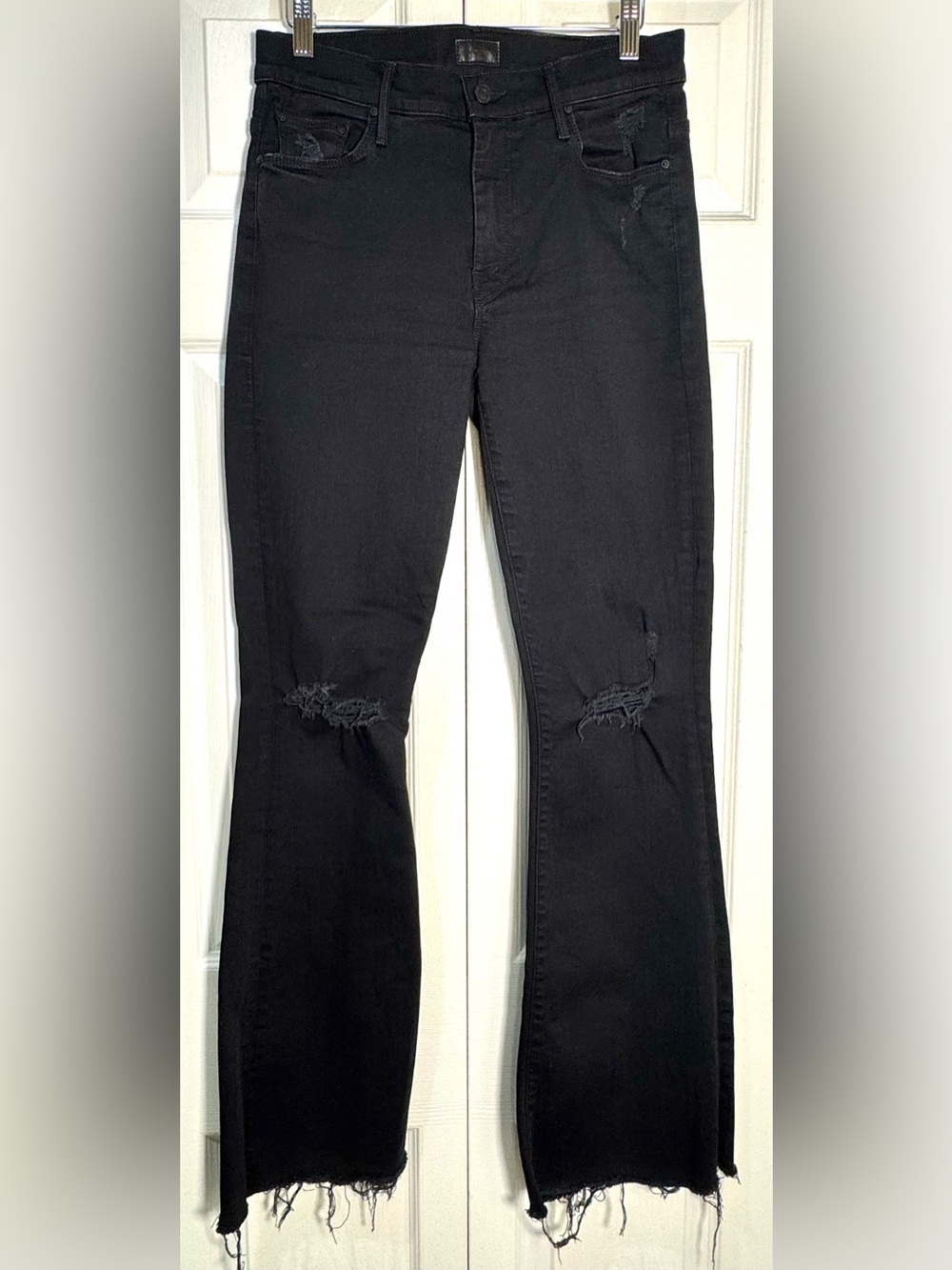 MOTHER The Weekender Fray Black High Rise Flare Jeans Distressed Size 28